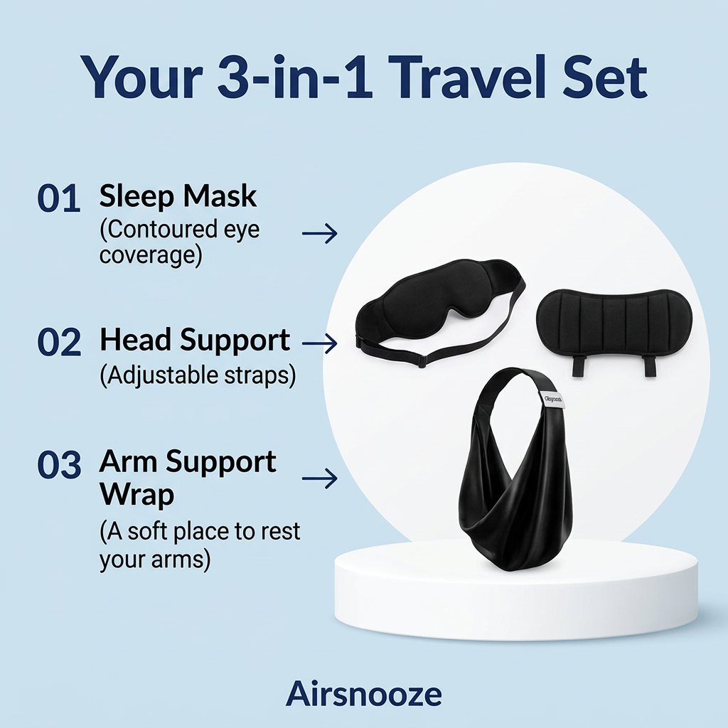 What's inside: sleep mask, head support, arm support wrap